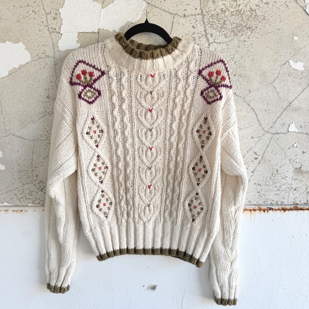 Vintage Cable Knit Sweater Chunky Floral Embroidered Cottagecore 90s Lizwear S